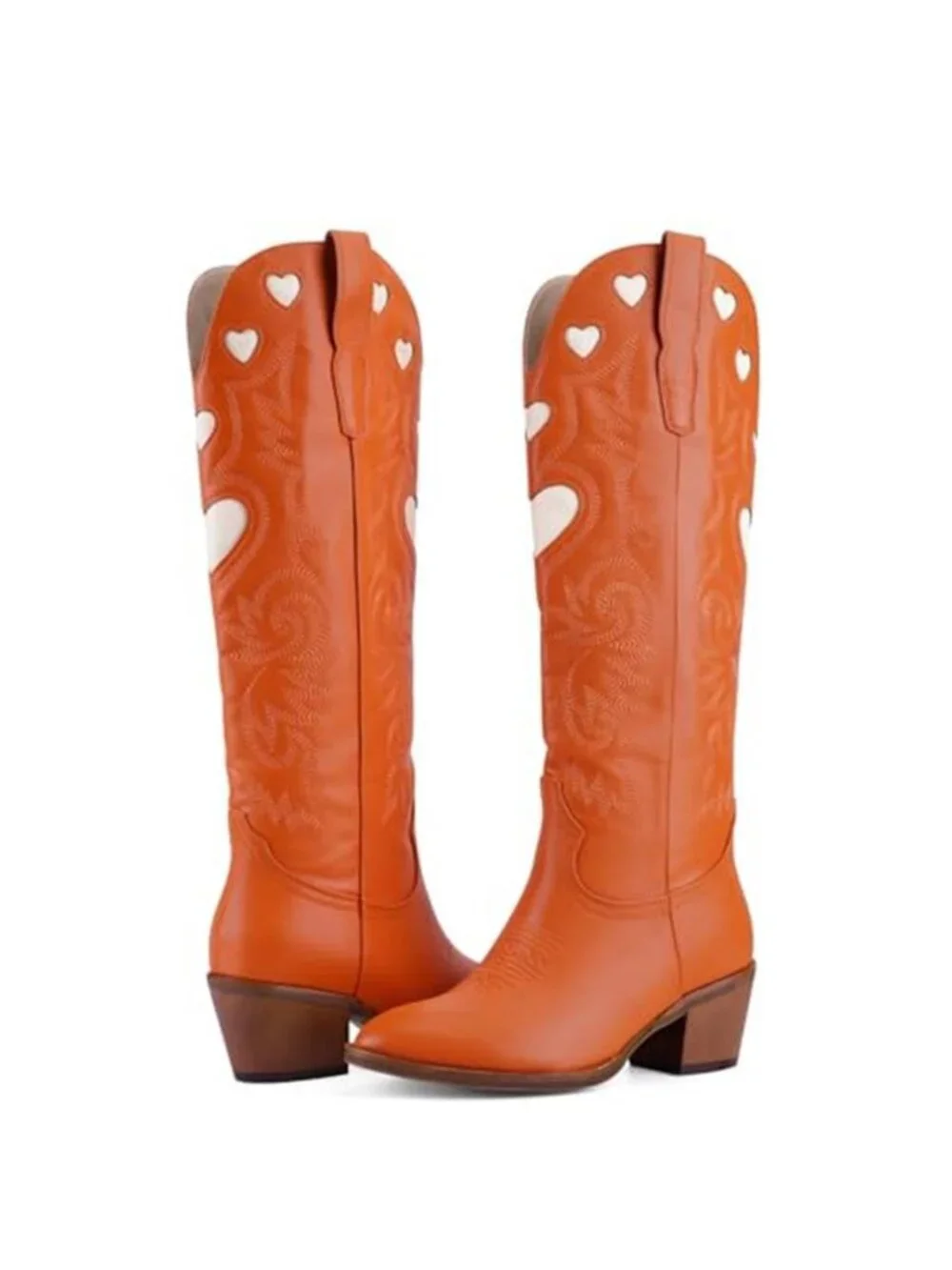Knee High Boots for Women Heart Embroidered Western Boots Round Toe